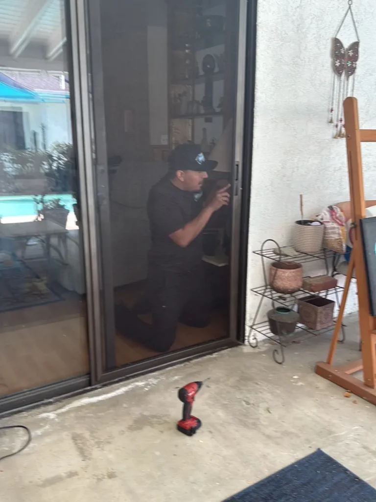 Damaged apartment window glass shattered after a break-in at a West San Fernando Valley complex.