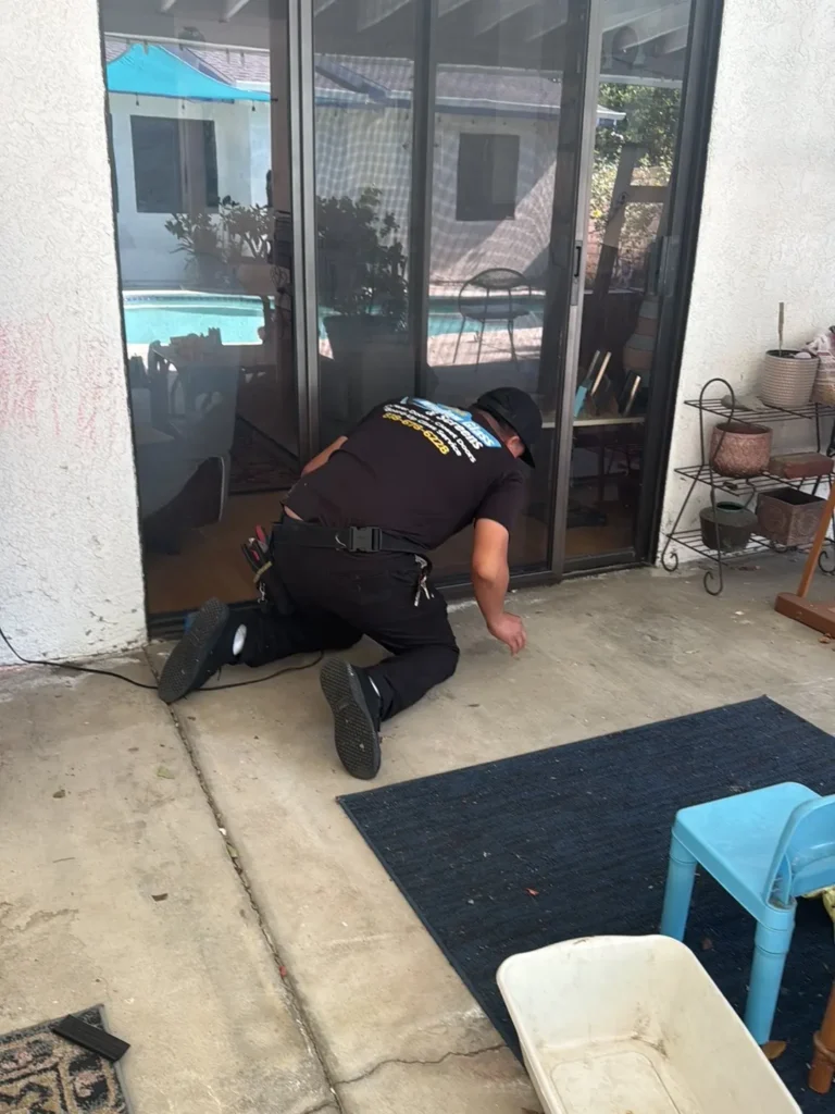 Broken glass entry door being safely boarded up and prepped for high-quality replacement glass.