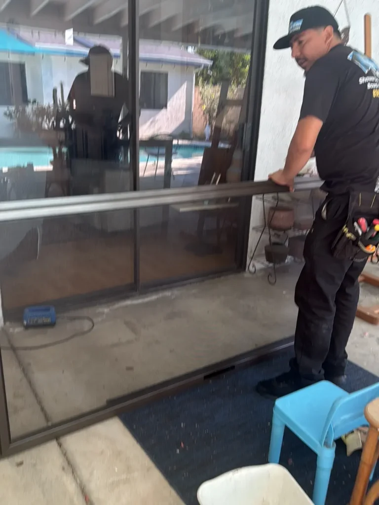 Glass damage after vandalism leaving a local property vulnerable to outside weather elements.